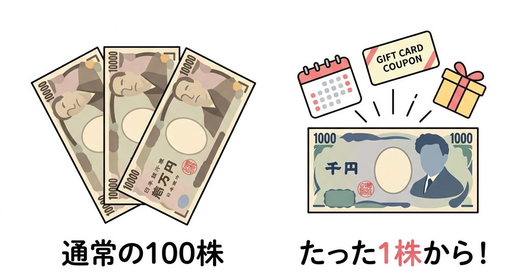 通常の100株(数万円〜)とたった1株(数千円〜)の株主優待の比較イメージ